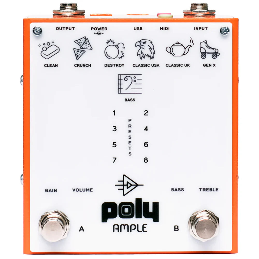 Poly Ample guitar effects pedal with footswitches, control knobs, preset numbers, and multiple input/output ports.