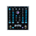 Black Poly Effects pedal with blue and purple LED lights, two footswitches, and multiple illuminated hexagonal buttons.
