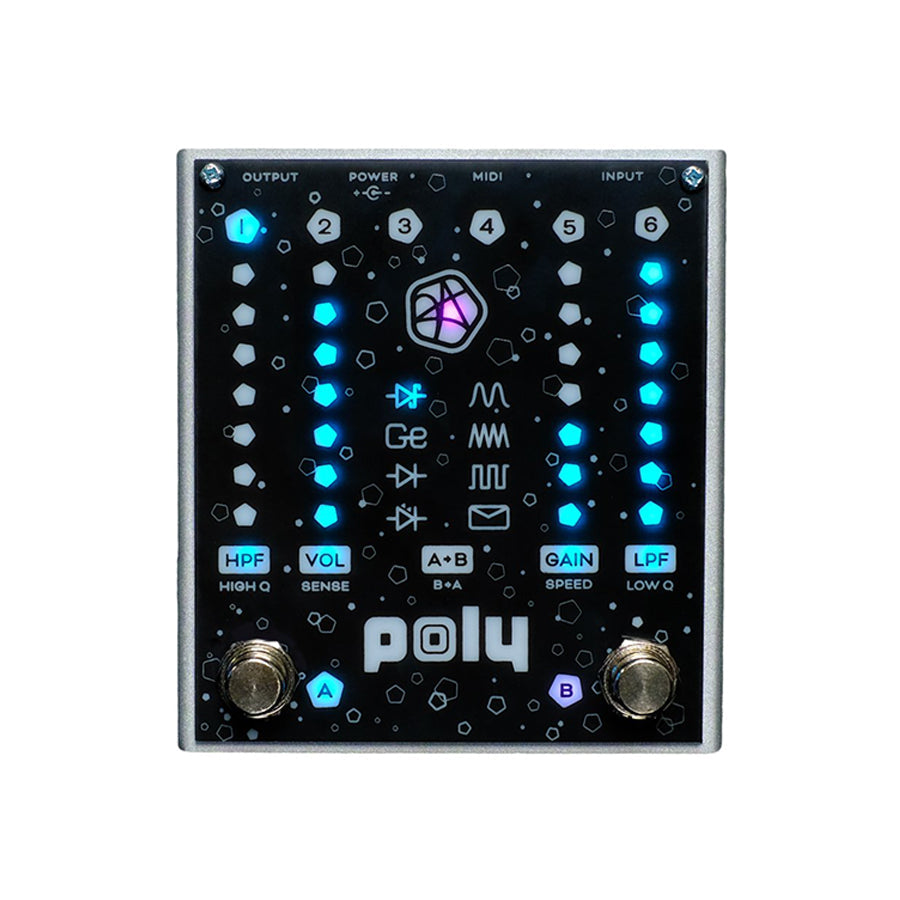 Black Poly Effects pedal with blue and purple LED lights, two footswitches, and multiple illuminated hexagonal buttons.
