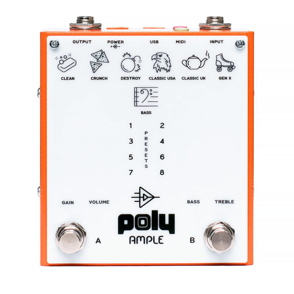 Orange and white guitar effects pedal with multiple input/output jacks, control knobs, footswitches, and labeled presets.