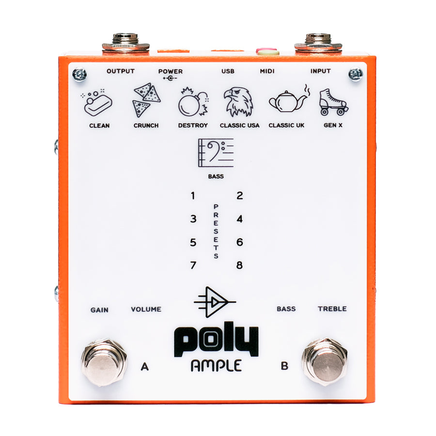 Orange guitar effects pedal labeled Poly Ample with footswitches, knobs, and various input/output ports.