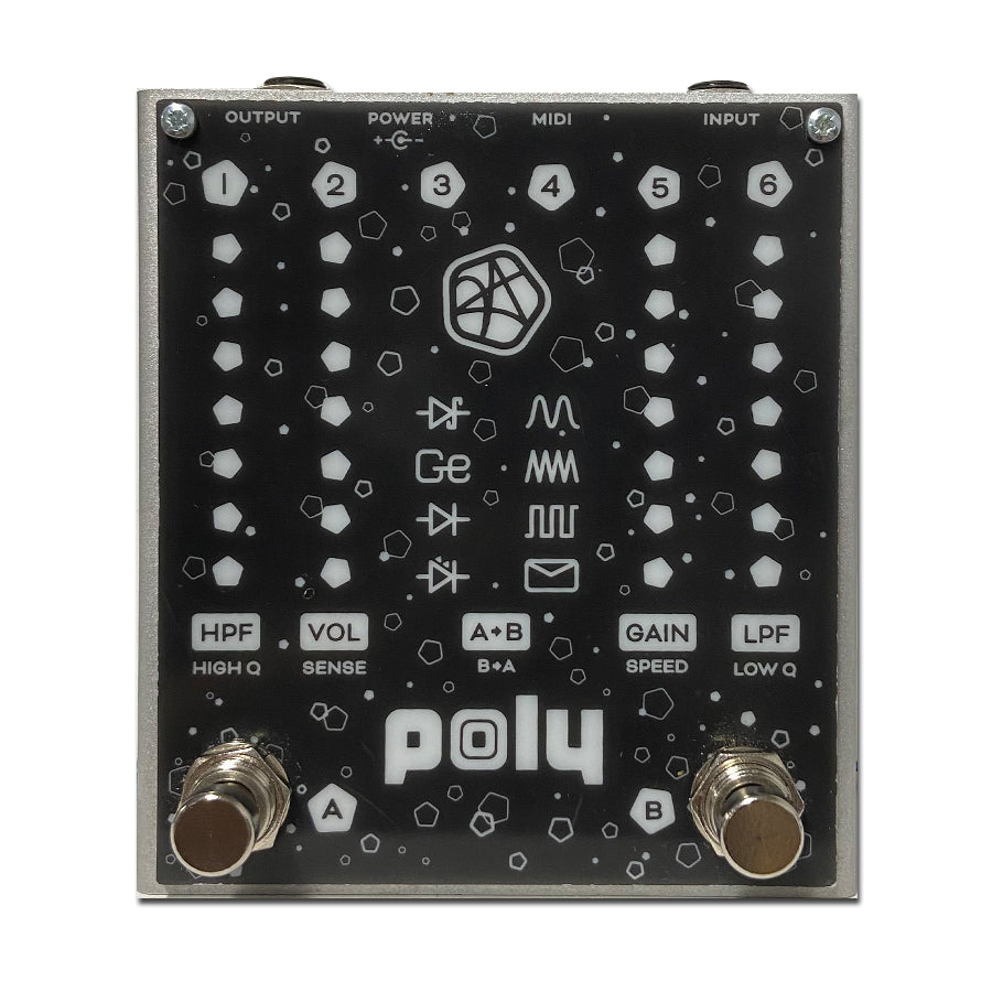 Top view of a Poly guitar effects pedal with footswitches, labeled controls, and 1/4 inch input/output jacks.