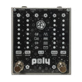 Top view of a Poly guitar effects pedal with footswitches, labeled controls, and 1/4 inch input/output jacks.