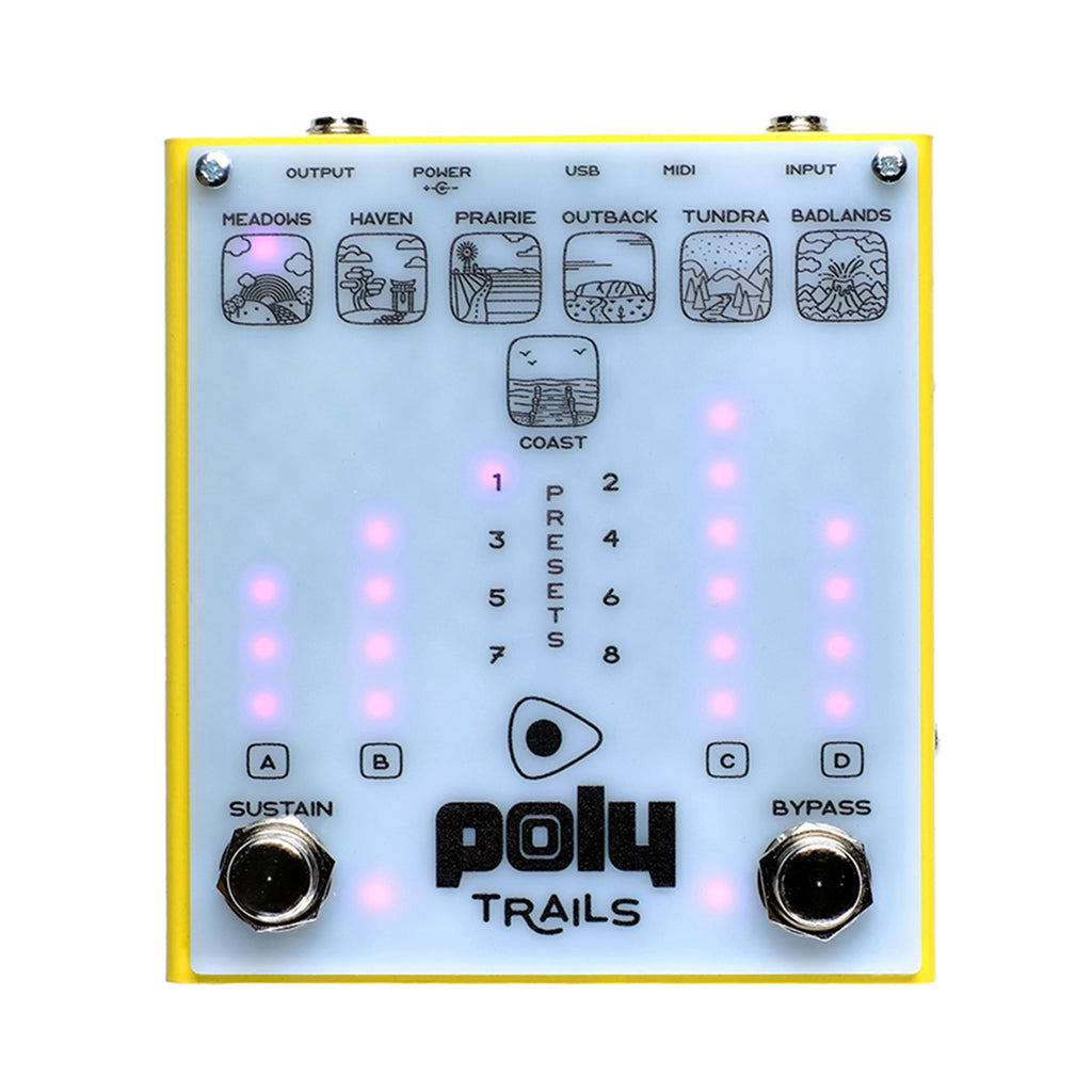 Yellow and white electronic pedal with multiple preset indicators and two footswitches labeled Sustain and Bypass.