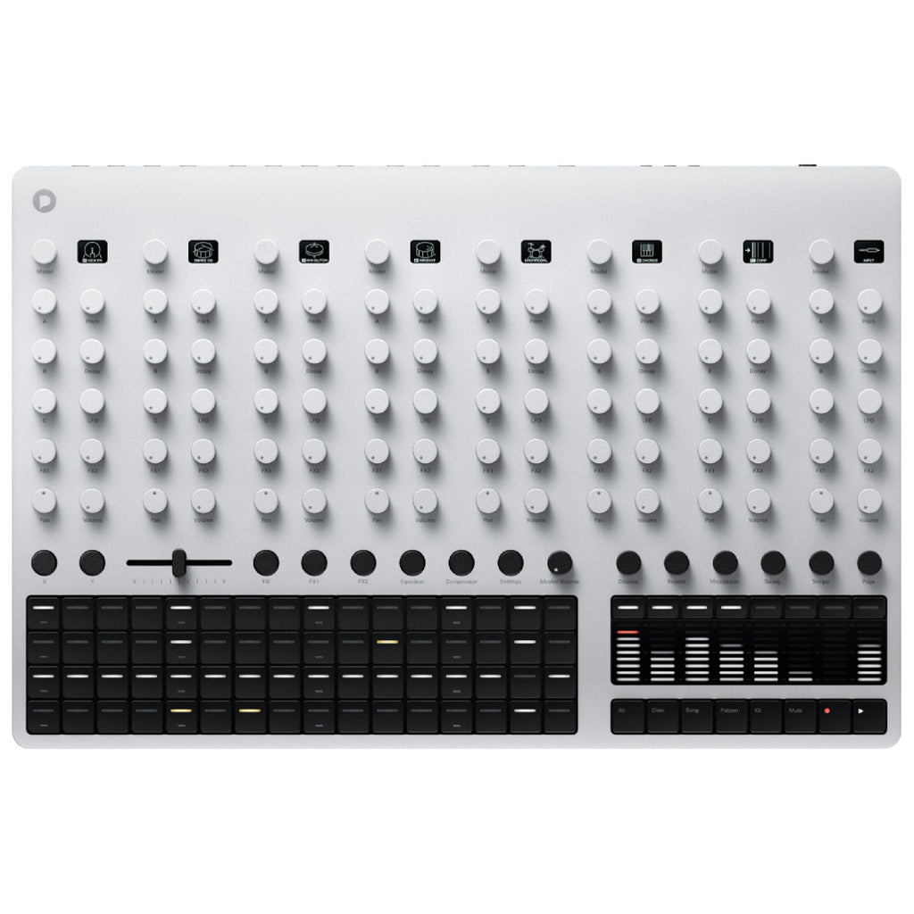 Silver electronic drum machine with multiple control knobs, sliders, and pads arranged on a flat surface.