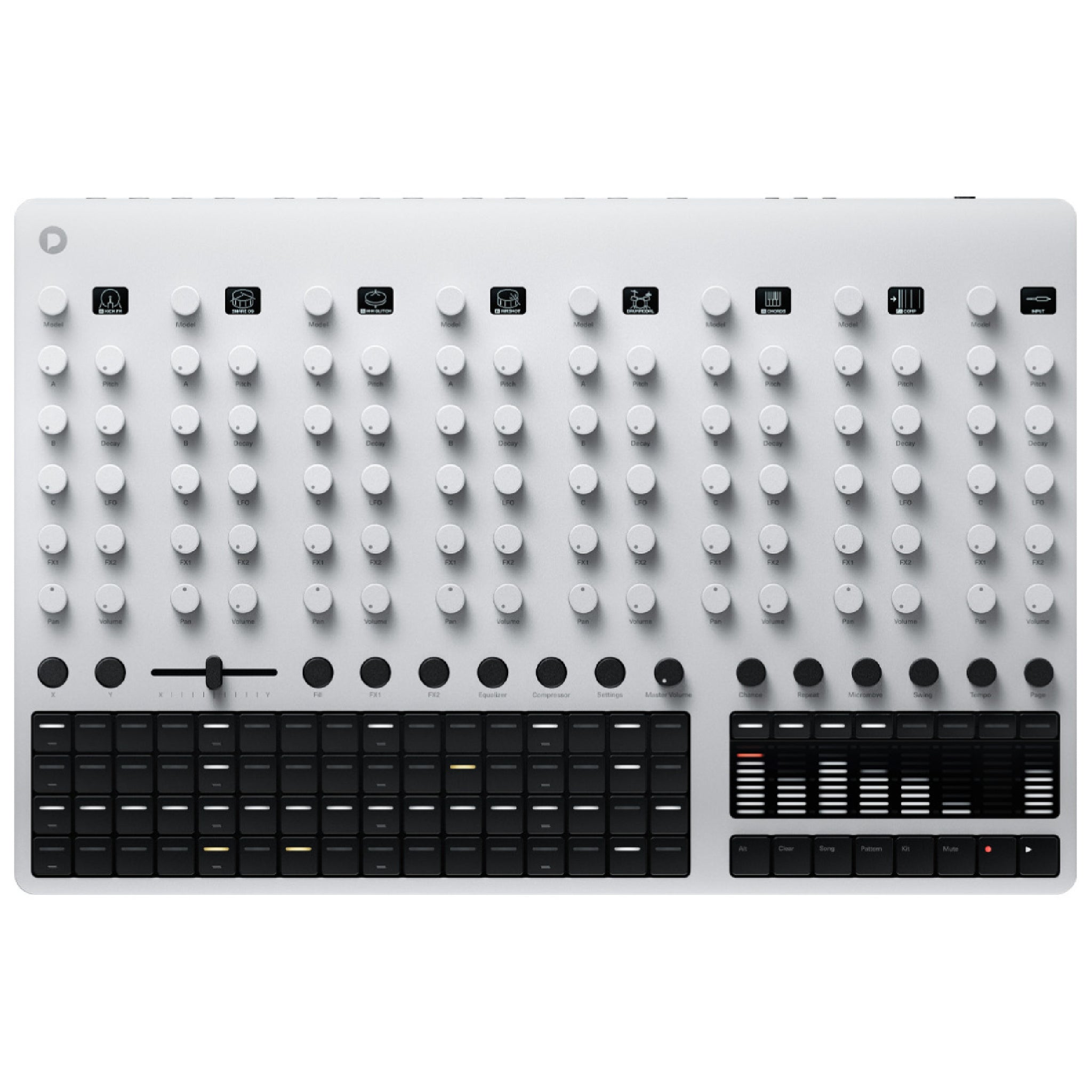 Silver electronic drum machine with multiple control knobs, sliders, and pads arranged on a flat surface.