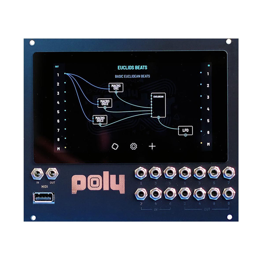 Black eurorack module with touchscreen and multiple audio and MIDI connectors on front panel.