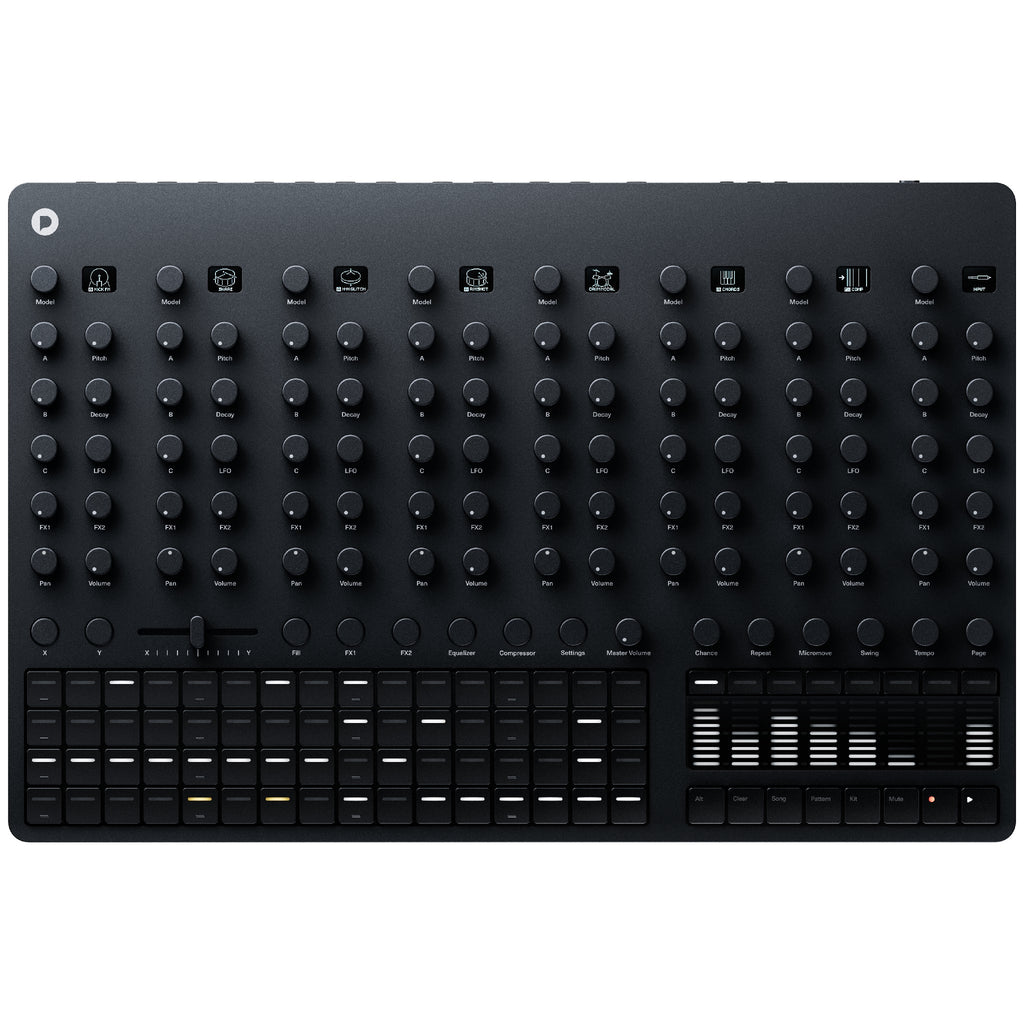 Erica Synths Bullfrog Drums desktop sampling drum machine, aluminum enclosure with knobs, seven sample-based voices and X0X-style step sequencer controls