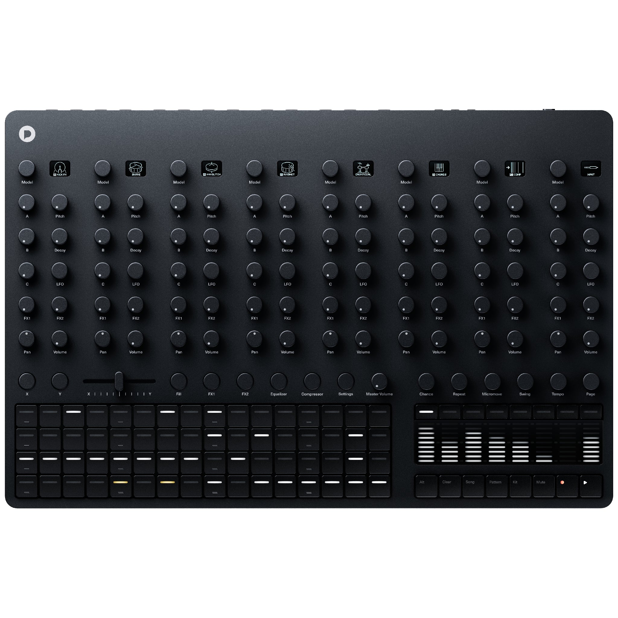 Erica Synths Bullfrog Drums desktop sampling drum machine, aluminum enclosure with knobs, seven sample-based voices and X0X-style step sequencer controls