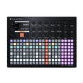 Top view of a Polyend Play+ drum machine with illuminated multicolor grid buttons and knobs