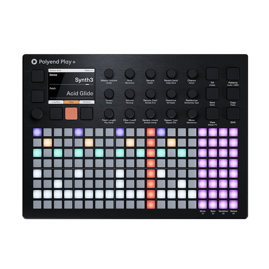 Top view of a Polyend Play+ drum machine with illuminated multicolor grid buttons and knobs