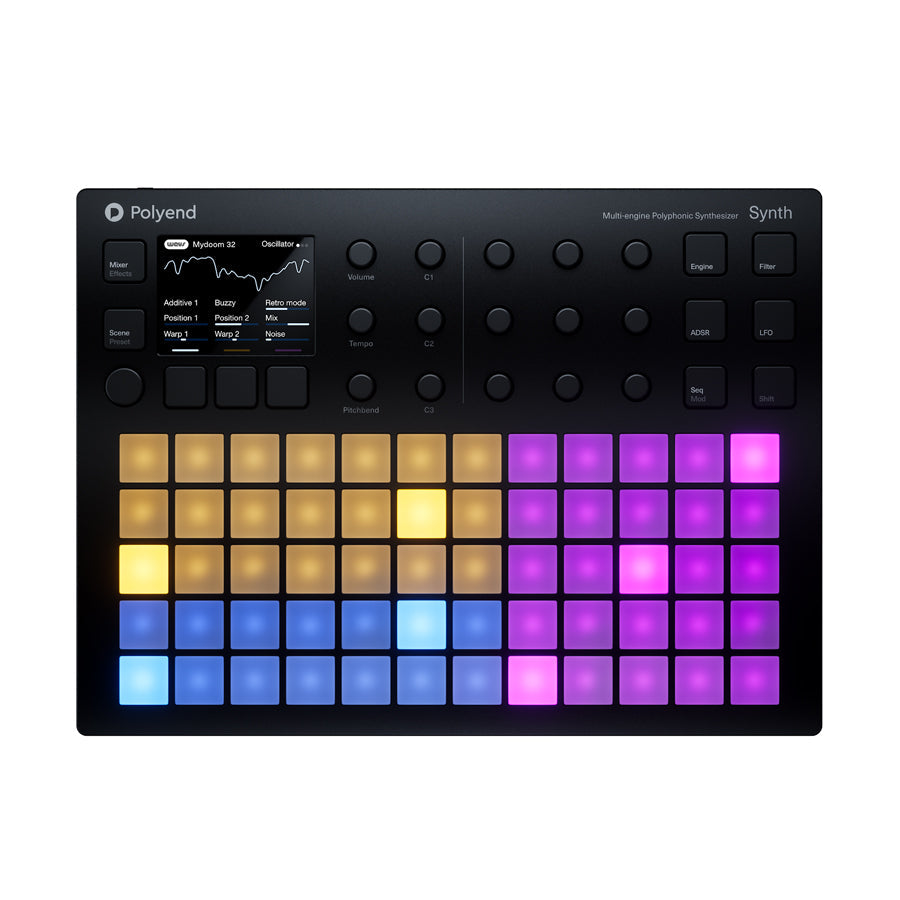 Black polyphonic synthesizer with illuminated colorful pad grid and multiple knobs and buttons