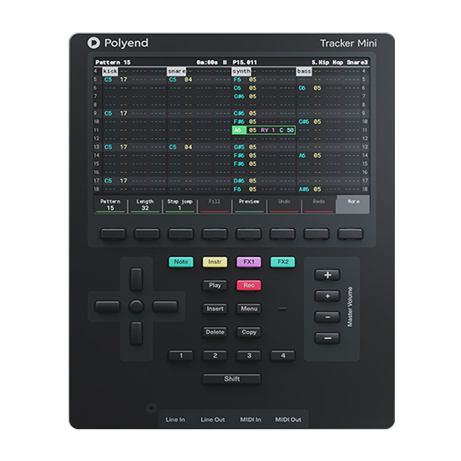Top view of a black Polyend Tracker Mini music sampler with screen, buttons, directional pad, and audio/MIDI ports.