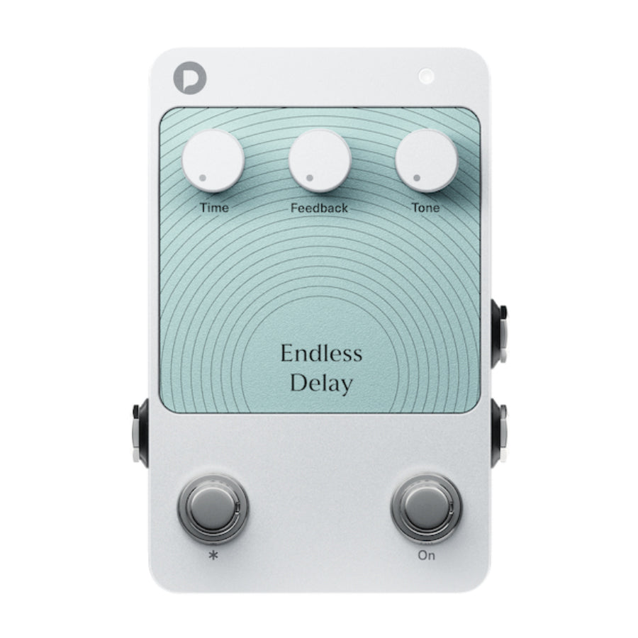 Top view of a white and light blue guitar delay pedal with three knobs and two footswitches.