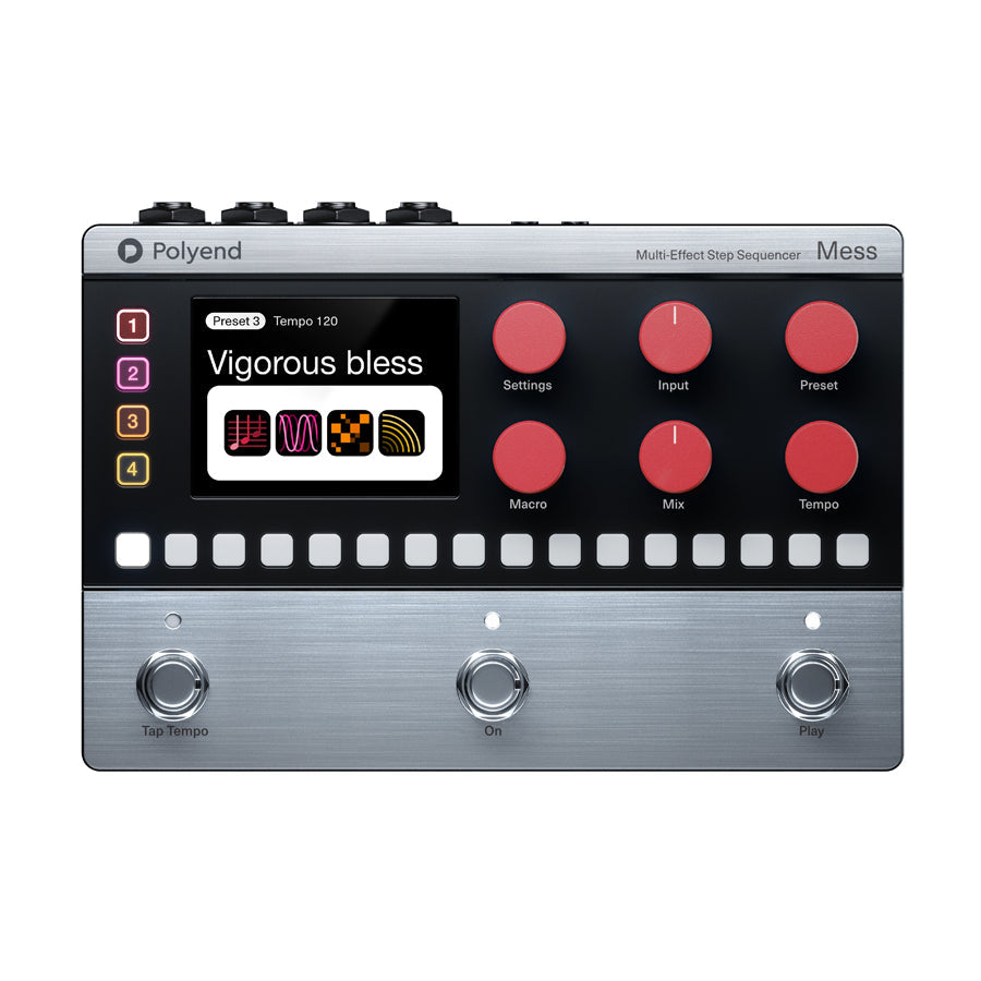 Front view of a Polyend Mess multi-effect step sequencer pedal with a color screen, six red rotary knobs, and three footswitches.