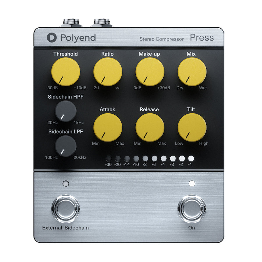 Polyend Press dynamics processor pedal with yellow knobs and two footswitches on silver and black housing.
