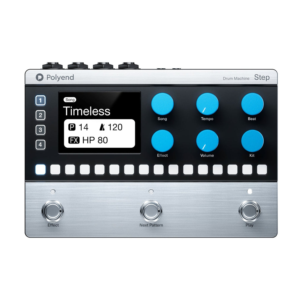 Black and silver drum machine with blue knobs, LED display, white touchpads, and three footswitches.