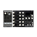 Two black modular synthesizer modules with multiple knobs, audio jacks, buttons, a joystick, and an SD card slot.