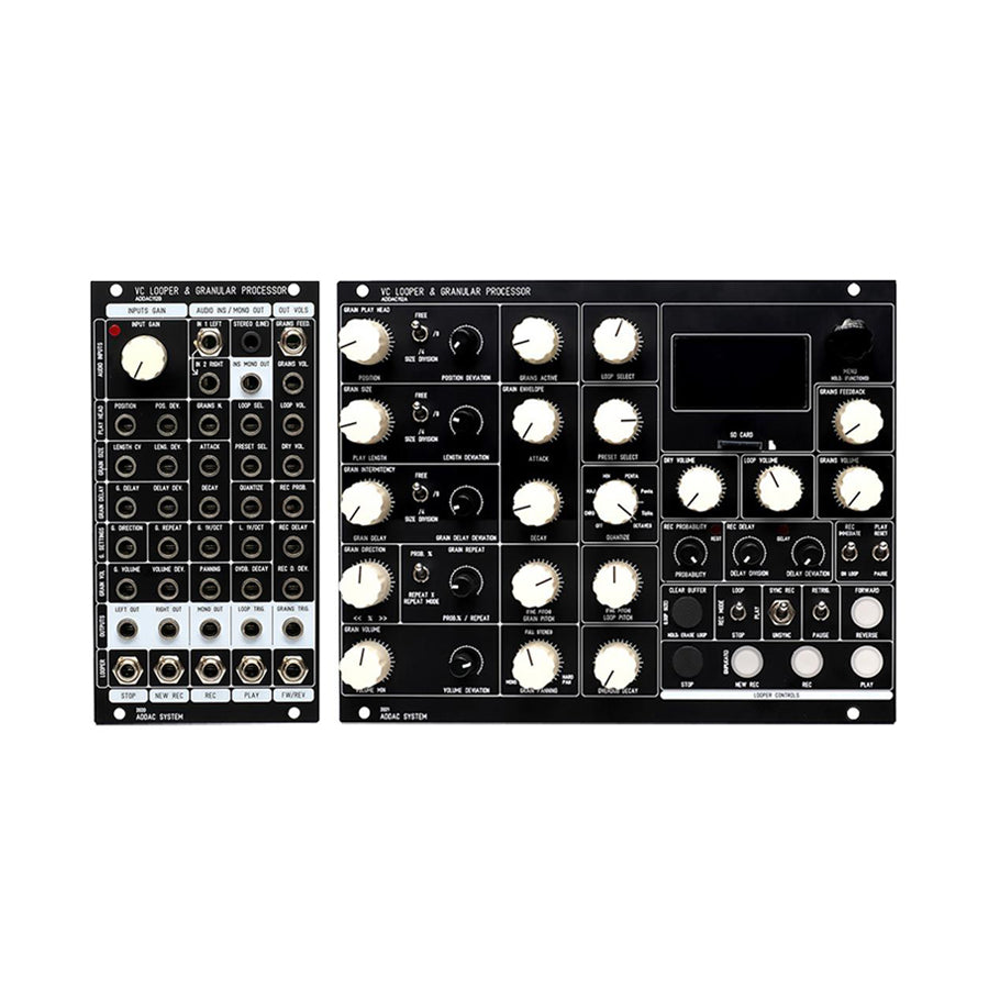 Two black modular synthesizer modules with multiple knobs, audio jacks, buttons, a joystick, and an SD card slot.