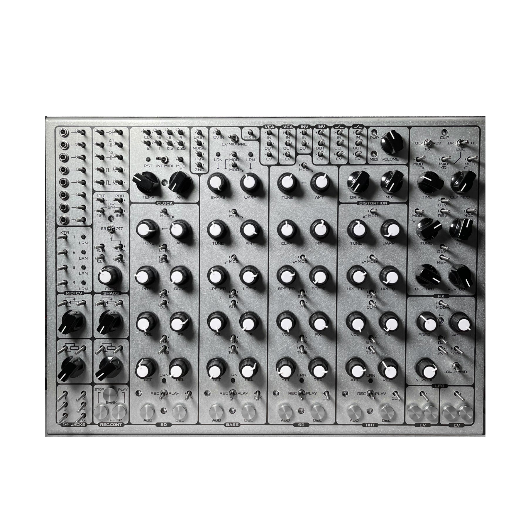 Top-down view of a silver drum machine with multiple knobs, toggle switches, and input/output jacks