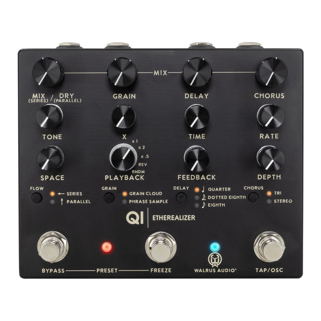 Black Walrus Audio Qi Etherealizer effects pedal with various knobs, buttons, and footswitches for mix, grain, delay, and chorus controls.