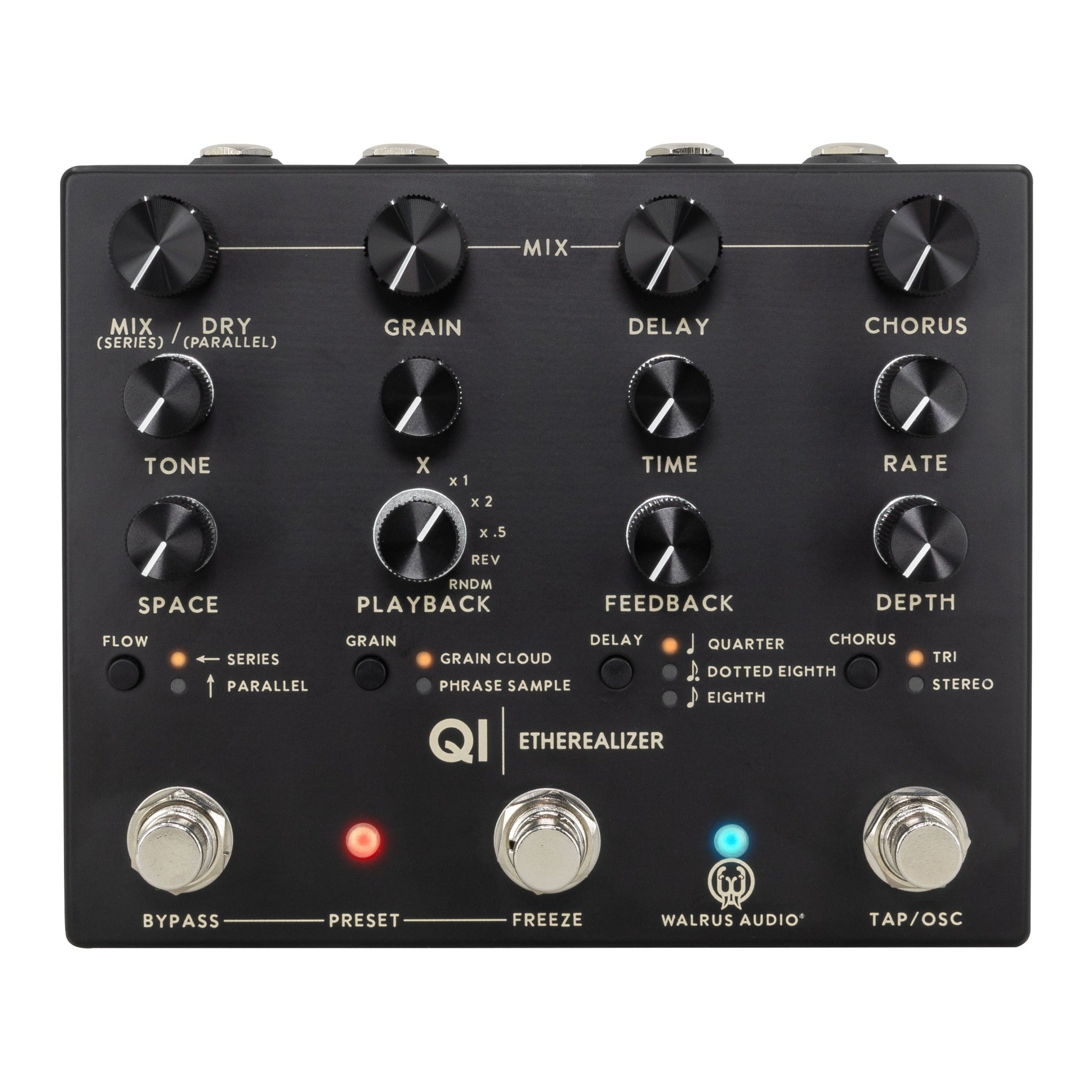 Black Walrus Audio Qi Etherealizer effects pedal with various knobs, buttons, and footswitches for mix, grain, delay, and chorus controls.