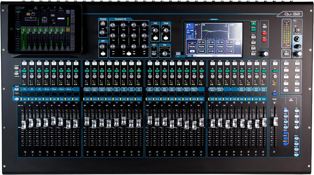 Top view of a digital audio mixer with multiple faders, knobs, push buttons, and two touchscreen displays.