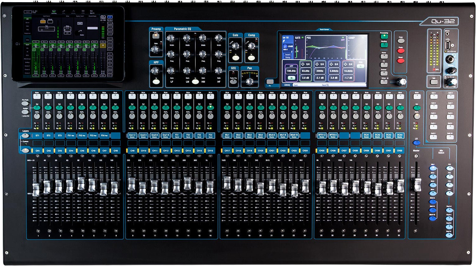 Top view of a digital audio mixer with multiple faders, knobs, push buttons, and two touchscreen displays.