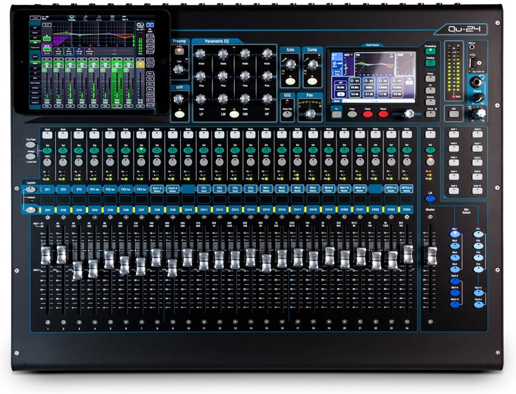 Top view of a black digital audio mixer with multiple faders, knobs, buttons, two screens, and labeled channels.