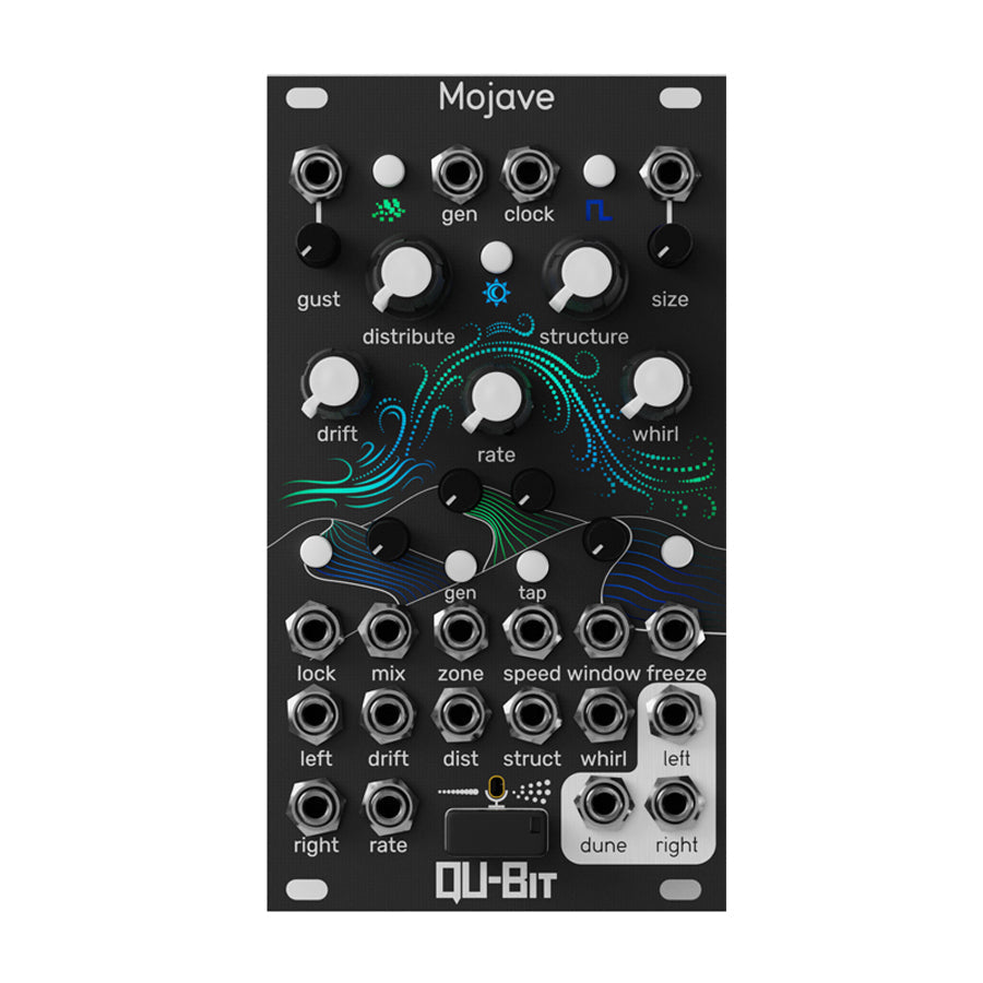 Black modular synthesizer module with multiple knobs, jacks, and buttons labeled Mojave from Qu-Bit Electronix.