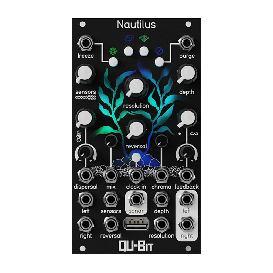 Front view of a black Eurorack module with knobs, patch jacks, buttons, and a USB port labeled Nautilus.