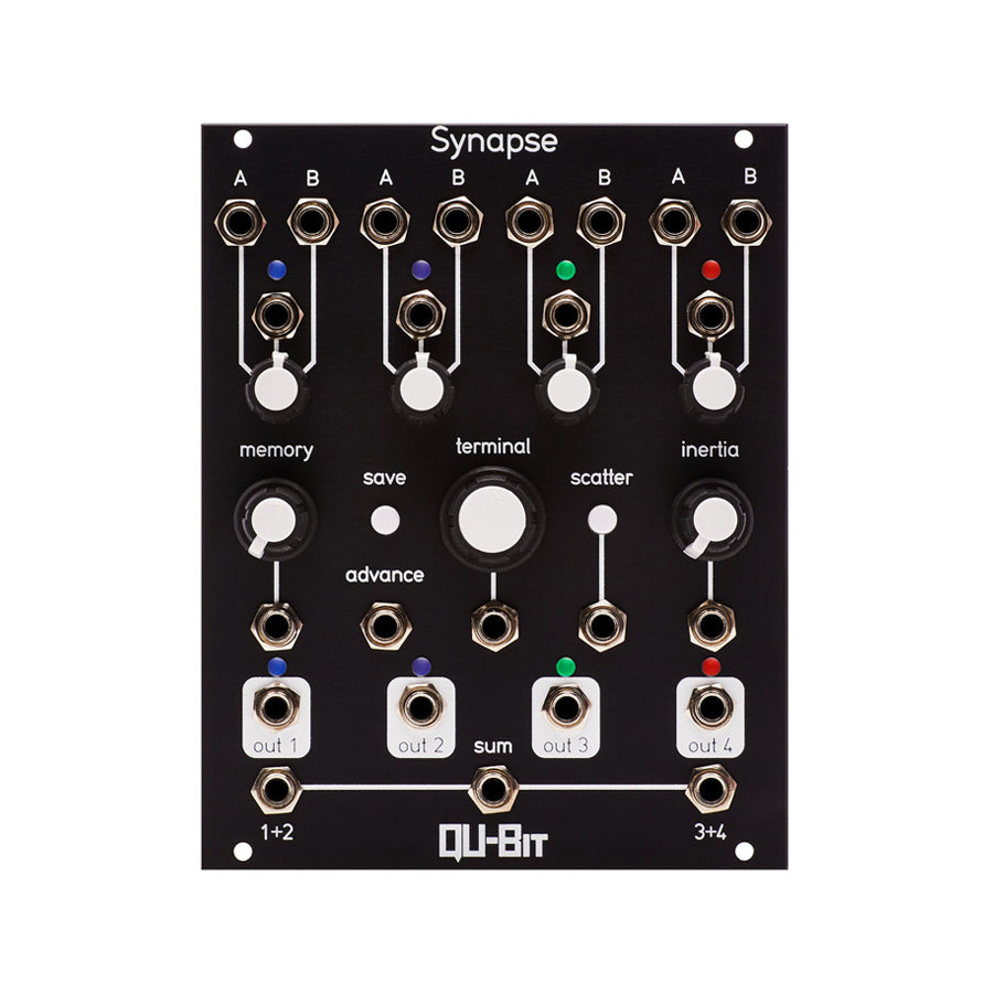 Black eurorack module with multiple jacks, knobs, and buttons labeled Synapse by QU-BIT.