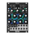 Front panel of a black Qu-Bit Electronix Bloom module with knobs, buttons, and multiple jacks including MIDI and 1/8 inch audio connectors.