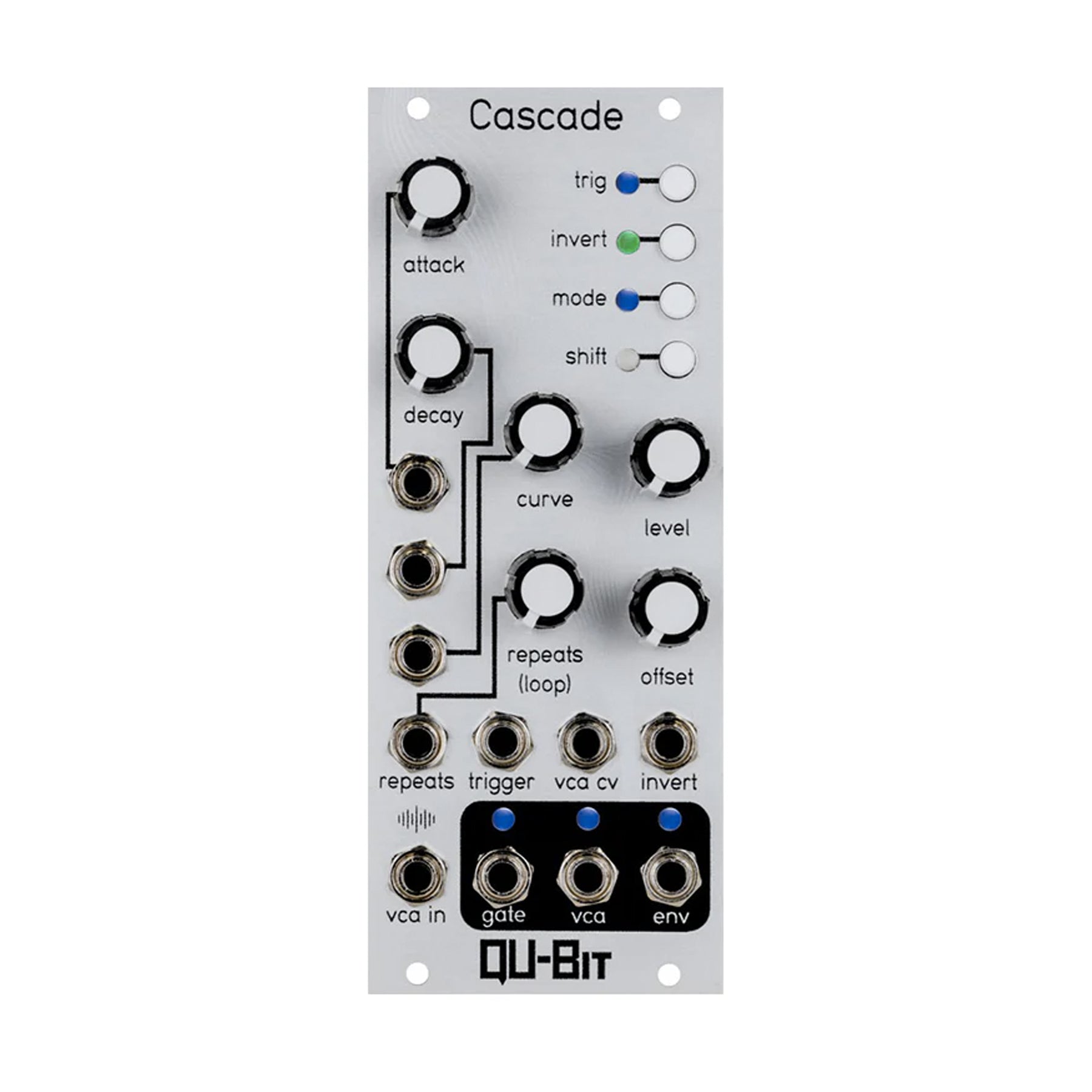 Silver Eurorack module with knobs, toggle switches, and multiple audio jacks by Qu-Bit Electronix labeled Cascade.