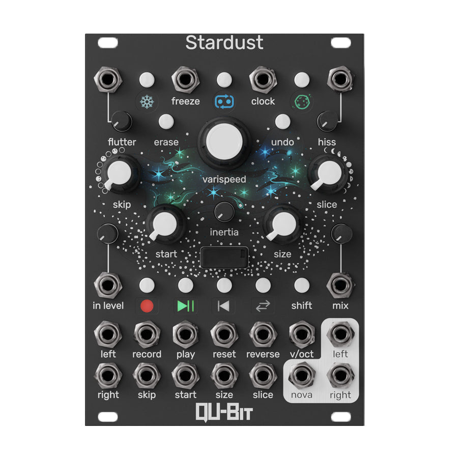 Black eurorack module with multiple knobs, buttons, and audio jacks labeled Stardust by Qu-Bit Electronix.