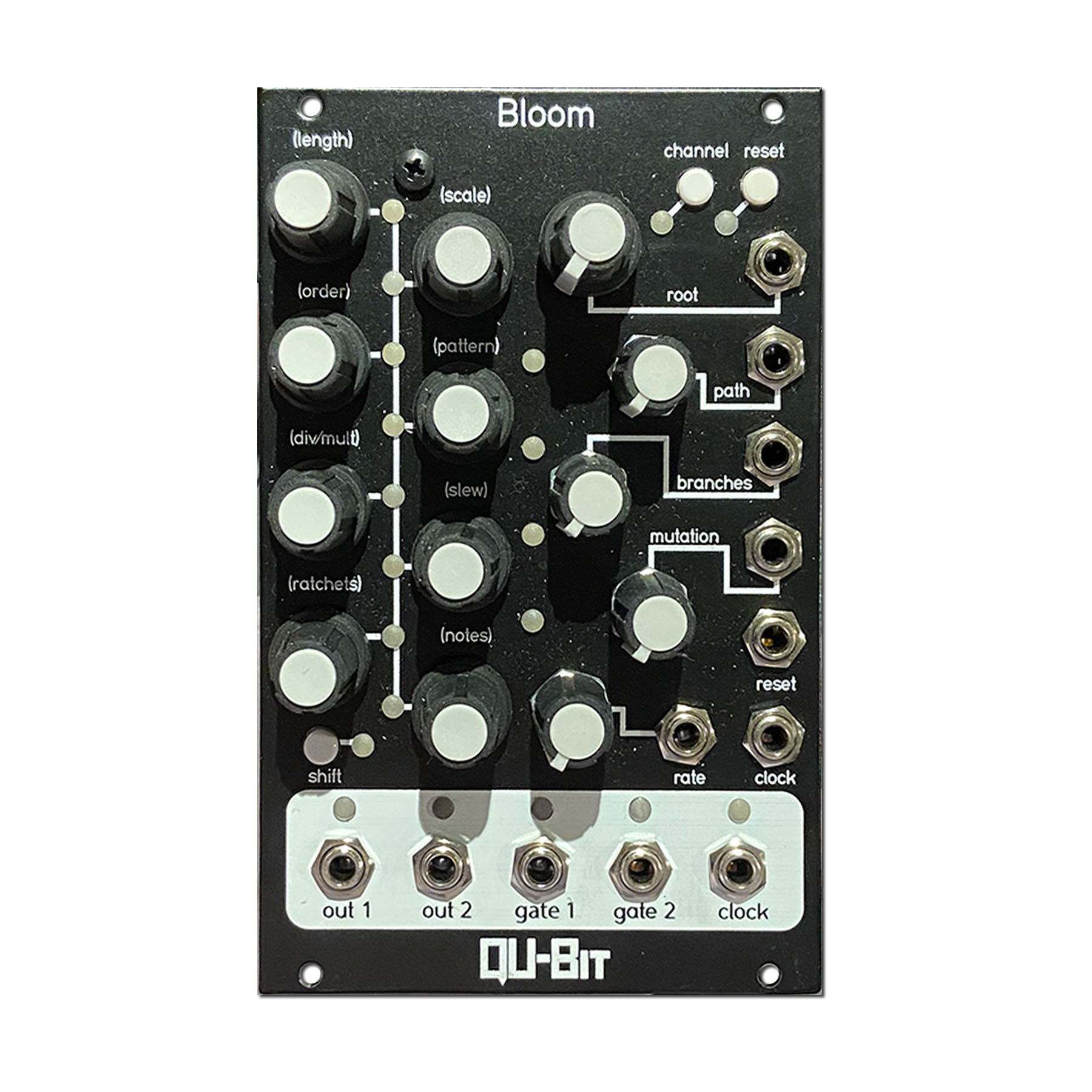 Black Qu-Bit Bloom eurorack module with knobs, push buttons, and multiple 1/8 inch audio jacks.