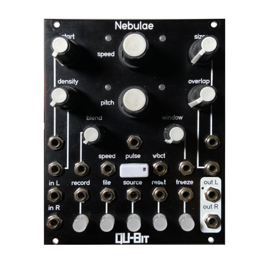 Black Qu-Bit Nebulae Eurorack module with knobs, push buttons, and multiple 1/8 inch jacks.