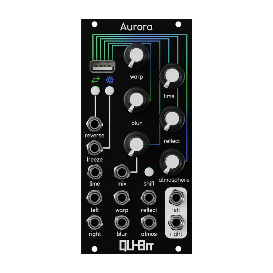 A black Eurorack module labeled Aurora with knobs, toggle switches, jacks, and a USB port on its front panel.