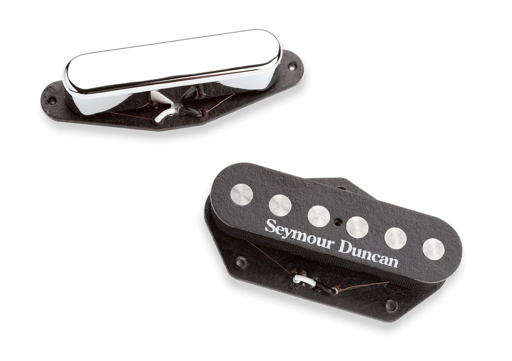 Two electric guitar pickups with one labeled Seymour Duncan, one pickup with a chrome cover and one black pickup with metal pole pieces.