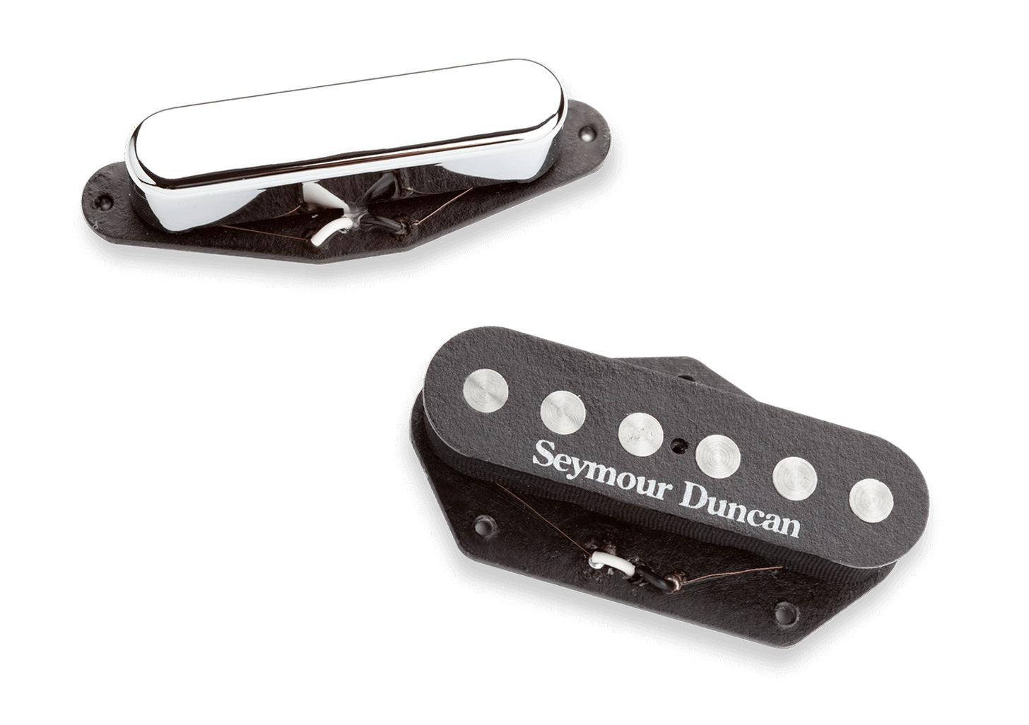 Two electric guitar pickups with one labeled Seymour Duncan, one pickup with a chrome cover and one black pickup with metal pole pieces.