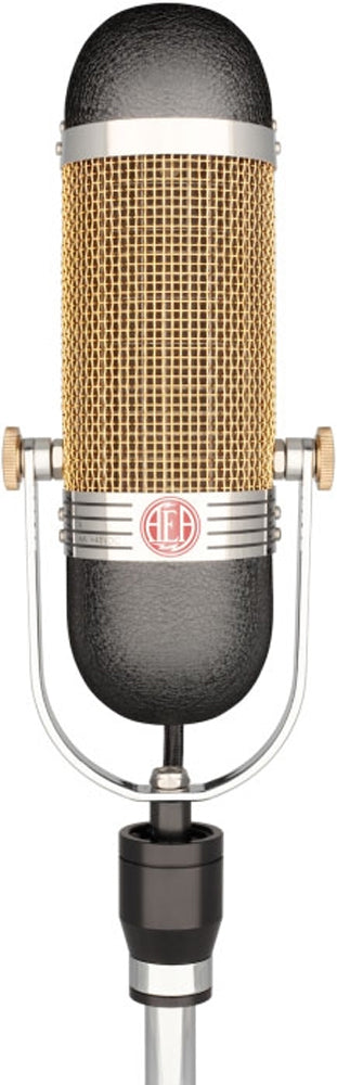 Front view of a gold and black studio microphone with metal mesh and AEA logo on the front.