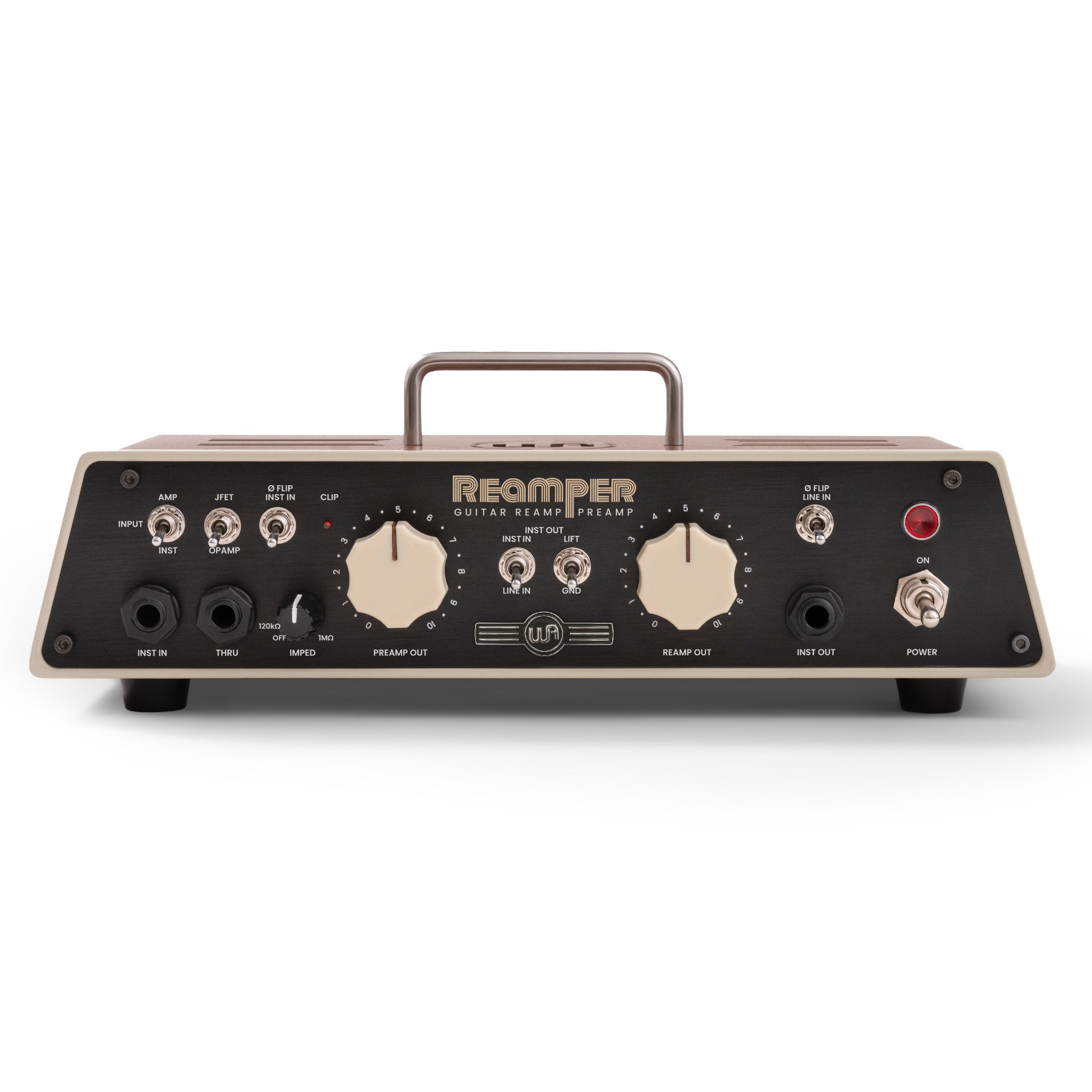 Front panel of a Warm Audio Reamper unit with knobs, toggle switches, and multiple 1/4 inch audio jacks.