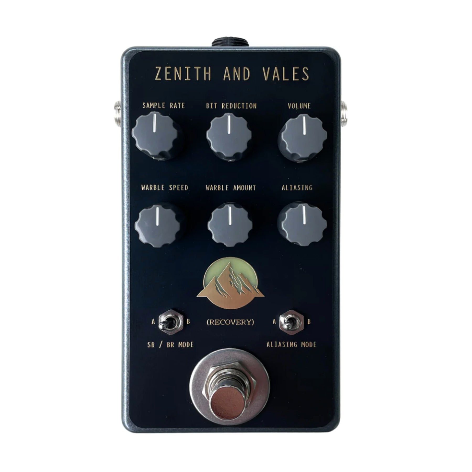 Black effects pedal with six control knobs, two toggle switches, and a footswitch showing mountain logo and text Zenith and Vales.