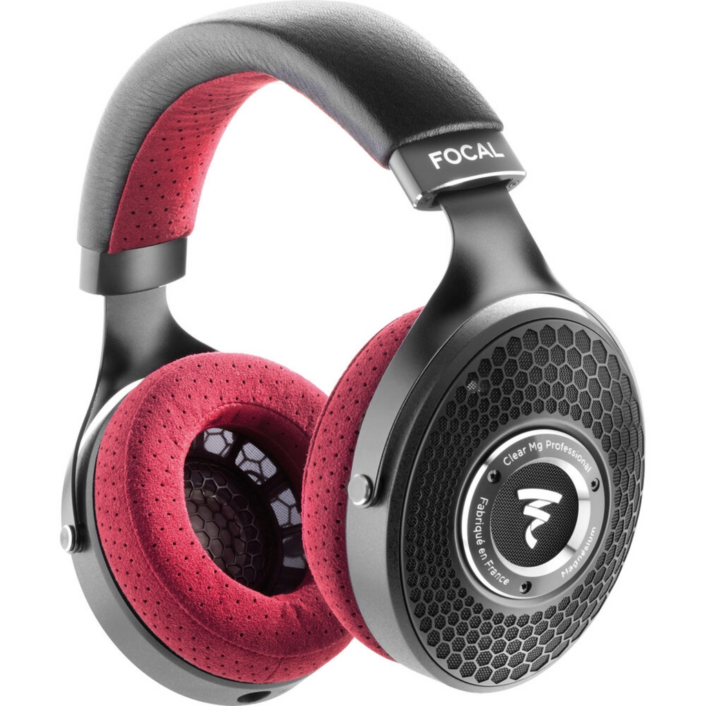 Red and black open-back headphones with perforated ear pads and mesh grille on ear cups.