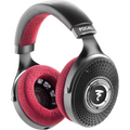 Red and black open-back headphones with perforated ear pads and mesh grille on ear cups.