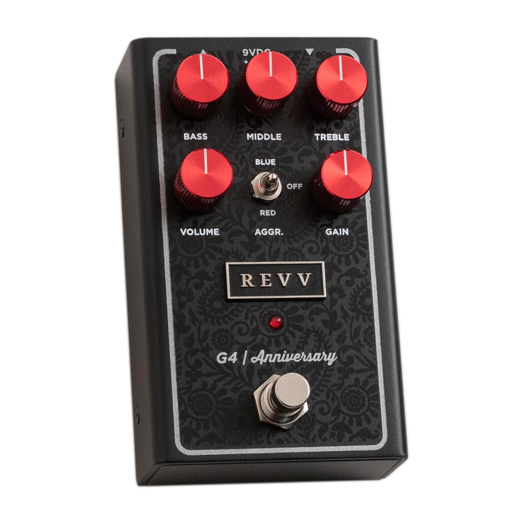 Black guitar effects pedal with red knobs labeled for bass, middle, treble, volume, and gain with a toggle switch and footswitch.
