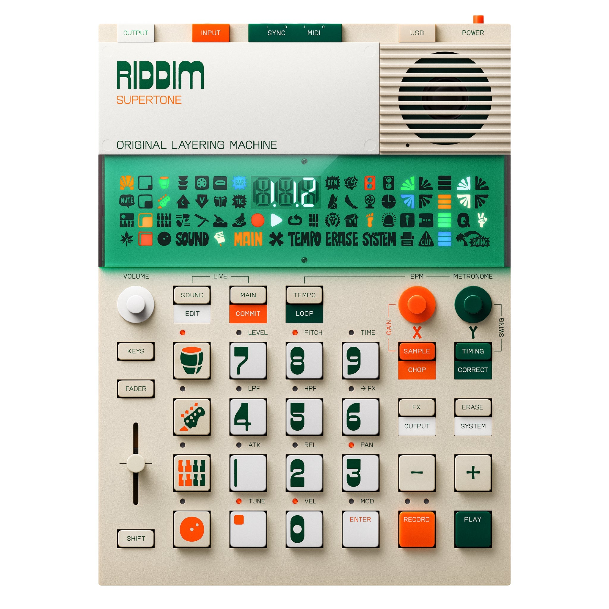Top view of a beige Teenage Engineering Riddim device with buttons, knobs, a slider, speaker, and display screen.