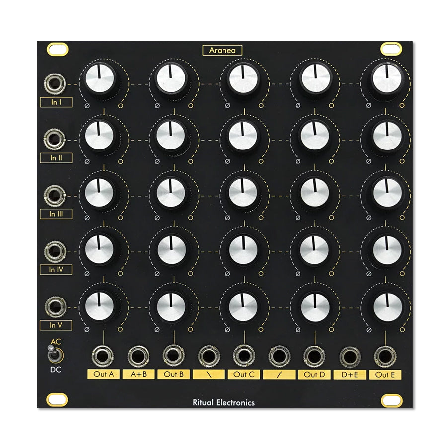 Black electronic module panel with five rows of knobs, toggle switch, and multiple 3.5mm input and output jacks.