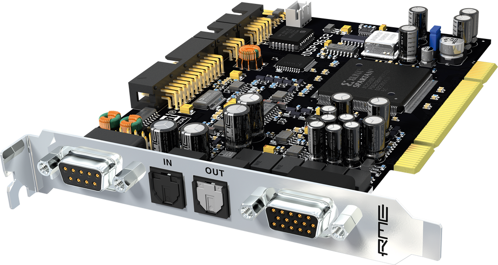 Close-up of a black PCI card with silver bracket featuring dual 9-pin D-sub connectors and optical input and output ports.