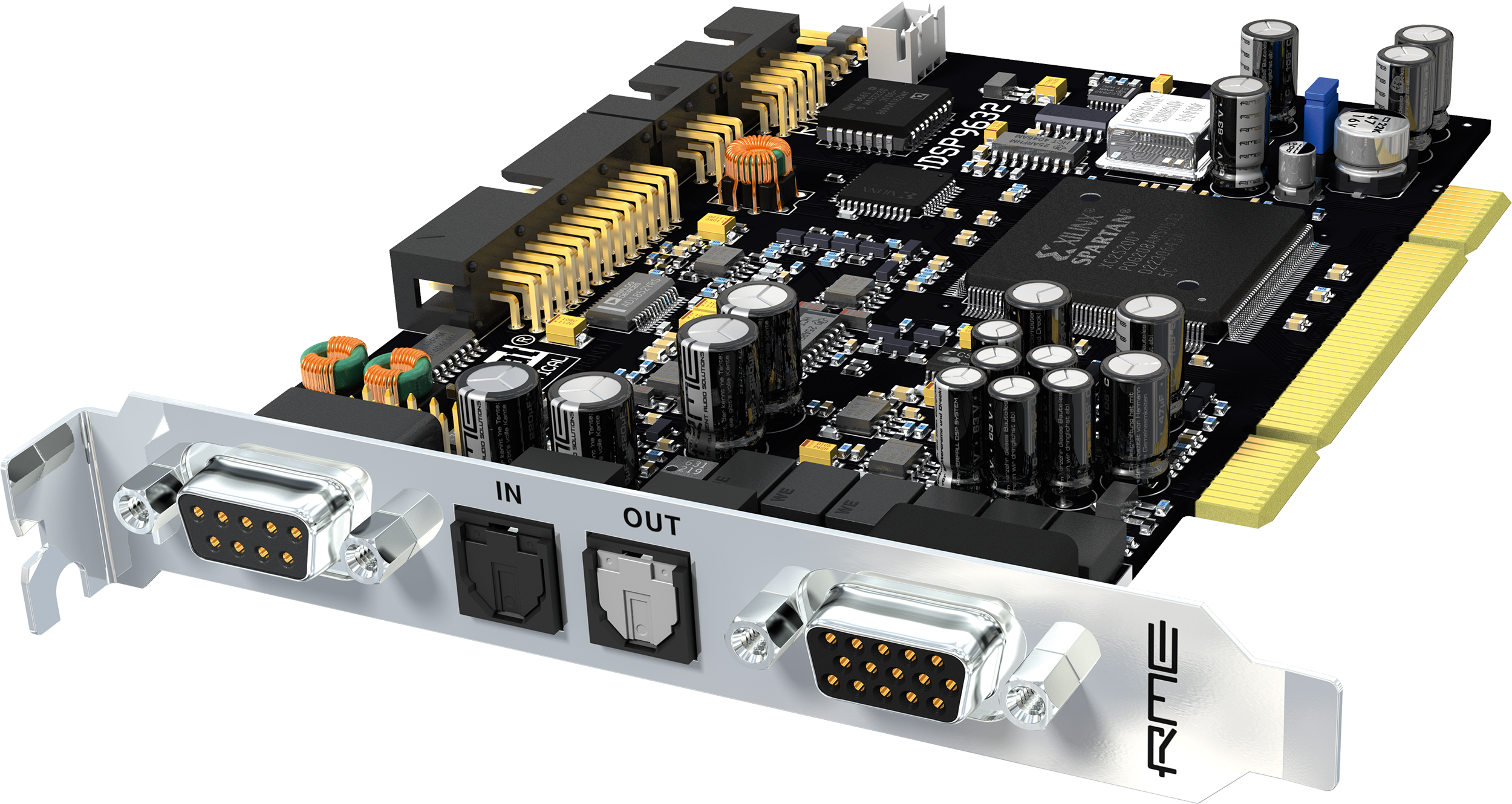 Close-up of a black PCI card with silver bracket featuring dual 9-pin D-sub connectors and optical input and output ports.